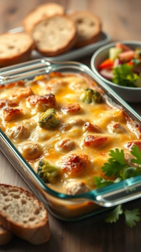 A delicious Chicken Divan casserole with broccoli and melted cheese, served with bread and a fresh salad.