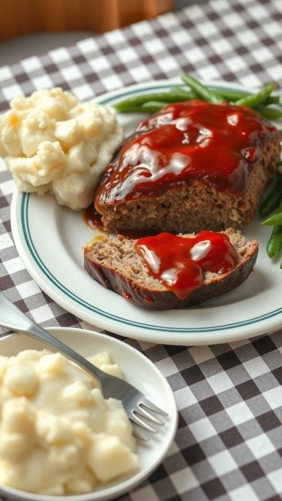 A plate of meatloaf with ketchup, mashed potatoes, and green beans.