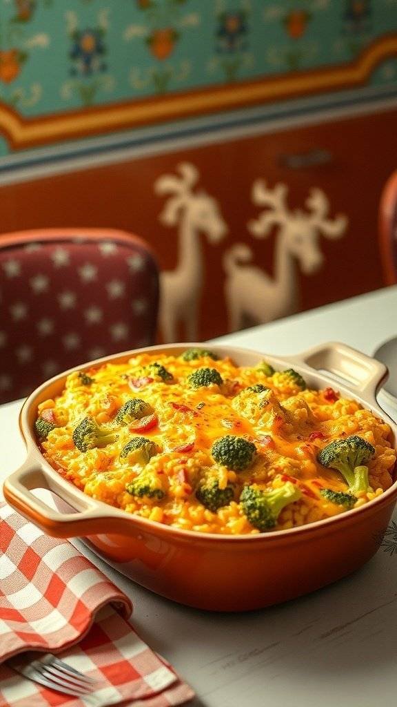 A delicious cheesy broccoli rice casserole in a baking dish, with vibrant green broccoli and melted cheese on top.