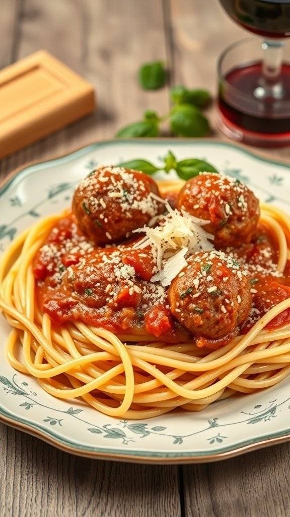 A plate of spaghetti and meatballs topped with cheese and garnished with basil.