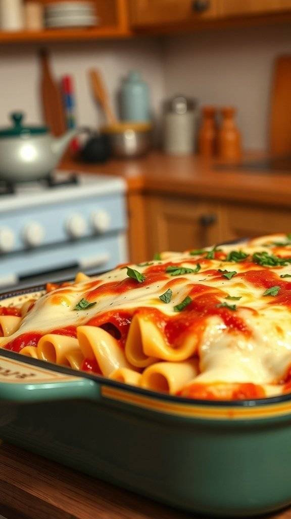 A dish of baked ziti topped with melted cheese and fresh herbs, set in a cozy kitchen.