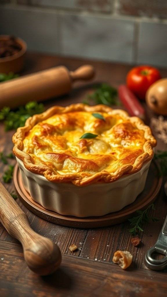 A delicious chicken pot pie with a golden crust, surrounded by fresh vegetables and a rolling pin.