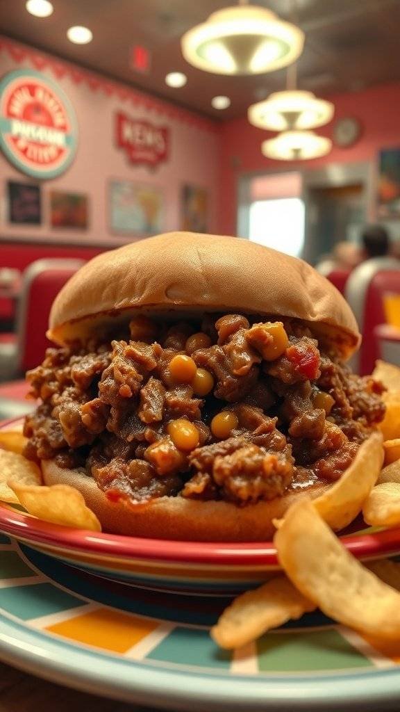A delicious Sloppy Joe sandwich served with chips, showcasing a hearty filling in a soft bun.