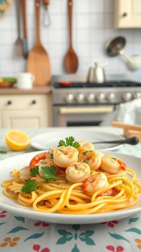 A plate of shrimp scampi with spaghetti, garnished with parsley and lemon.