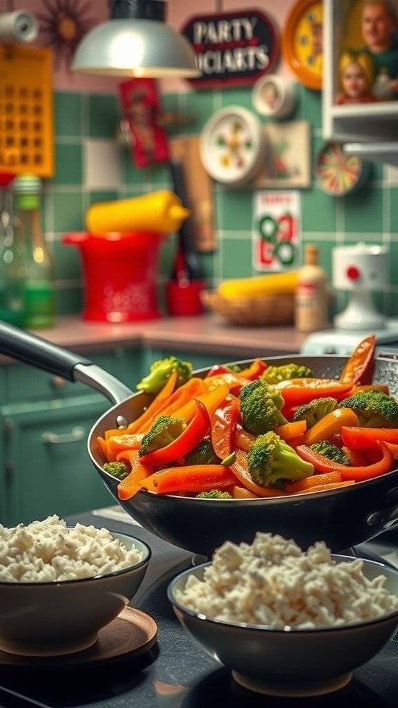 A colorful vegetable stir fry in a pan with bowls of rice on the side.