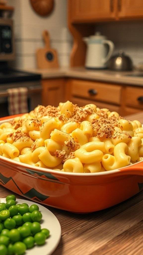 A vibrant casserole dish filled with creamy macaroni and cheese topped with breadcrumbs, alongside a plate of green peas.
