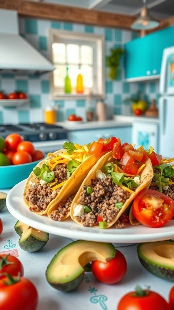 A plate of tacos filled with ground beef, topped with cheese, tomatoes, and green onions, surrounded by fresh vegetables.