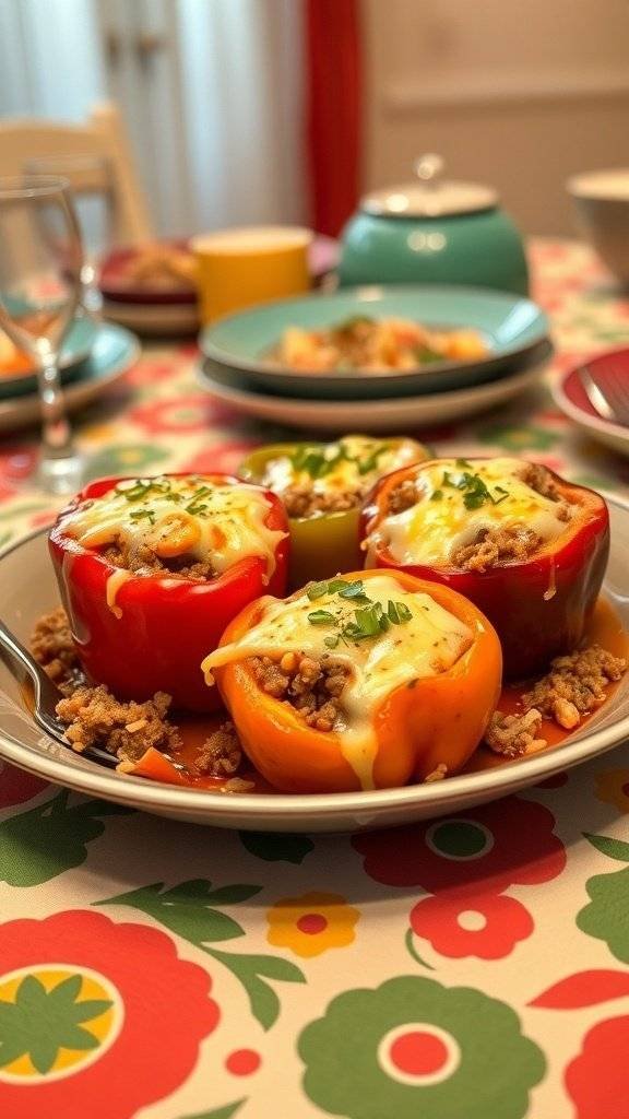 Stuffed bell peppers on a colorful table setting