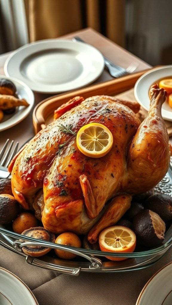 A beautifully roasted chicken garnished with lemon slices, served with vegetables.