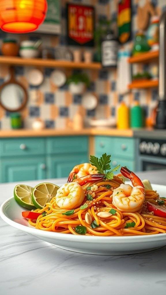 A colorful plate of Pad Thai with shrimp, noodles, and lime wedges in a vibrant kitchen setting.