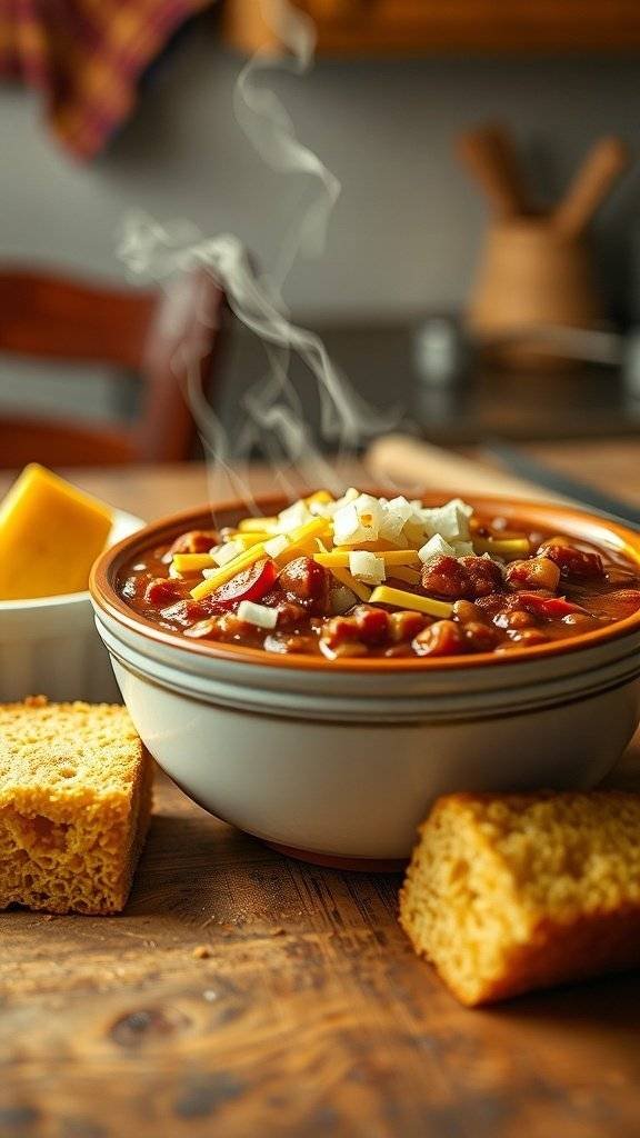 A bowl of steaming chili topped with cheese and onions, served with cornbread.