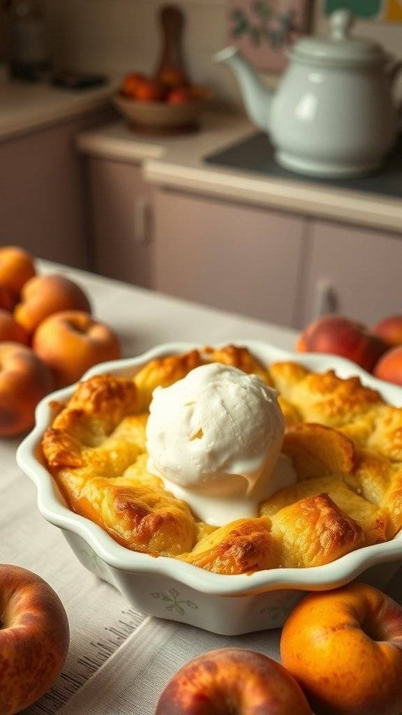 A delicious peach cobbler topped with vanilla ice cream, surrounded by fresh peaches.