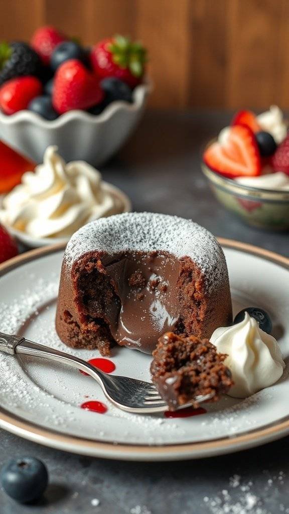 A delicious chocolate pudding cake with a gooey center, served with whipped cream and fresh berries.