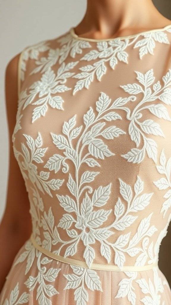 Close-up of a lace cocktails dress with intricate detailing on the neckline and bodice.