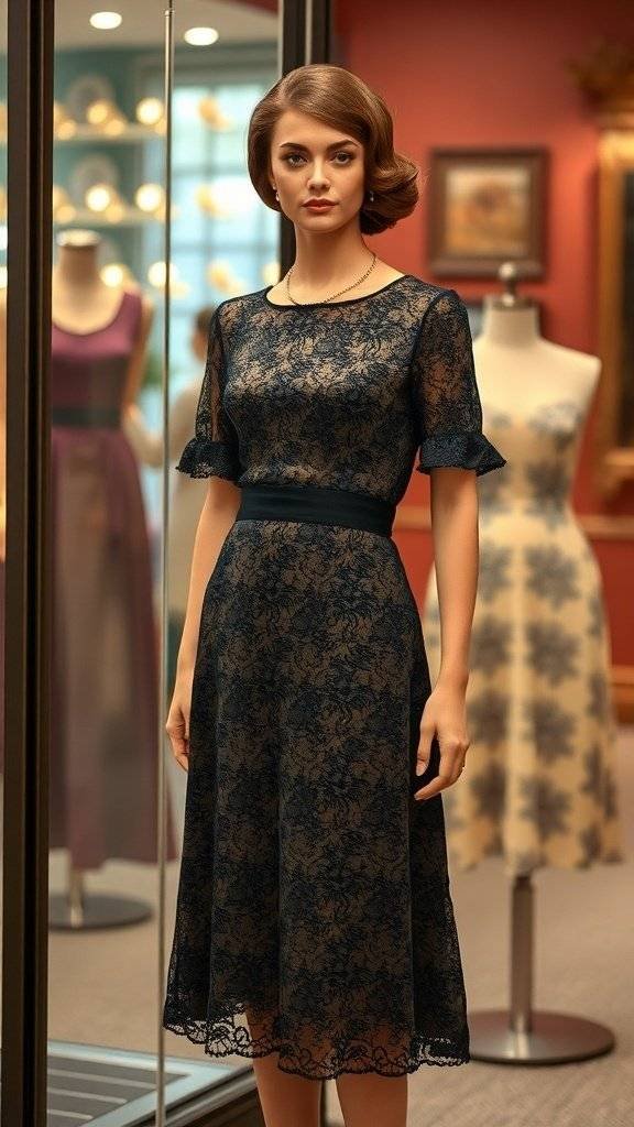 A-line lace cocktail dress displayed on a mannequin in a stylish setting