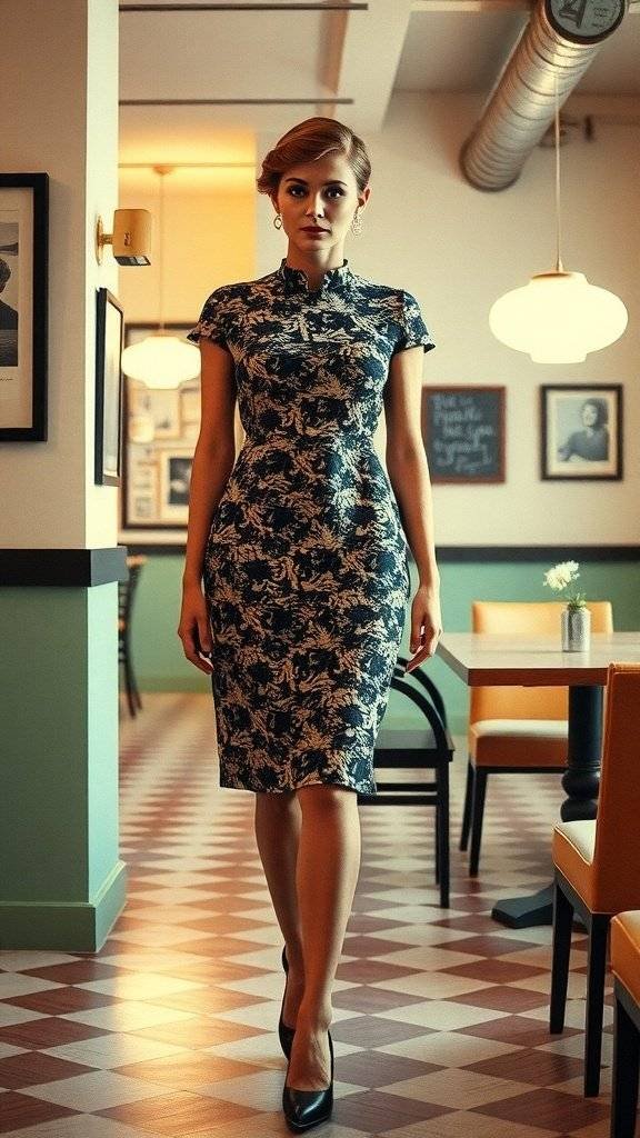A model wearing a chic lace cocktail dress in a stylish setting.