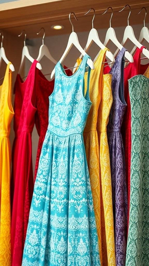 A display of colorful lace cocktail dresses in various shades including red, yellow, blue, and purple.