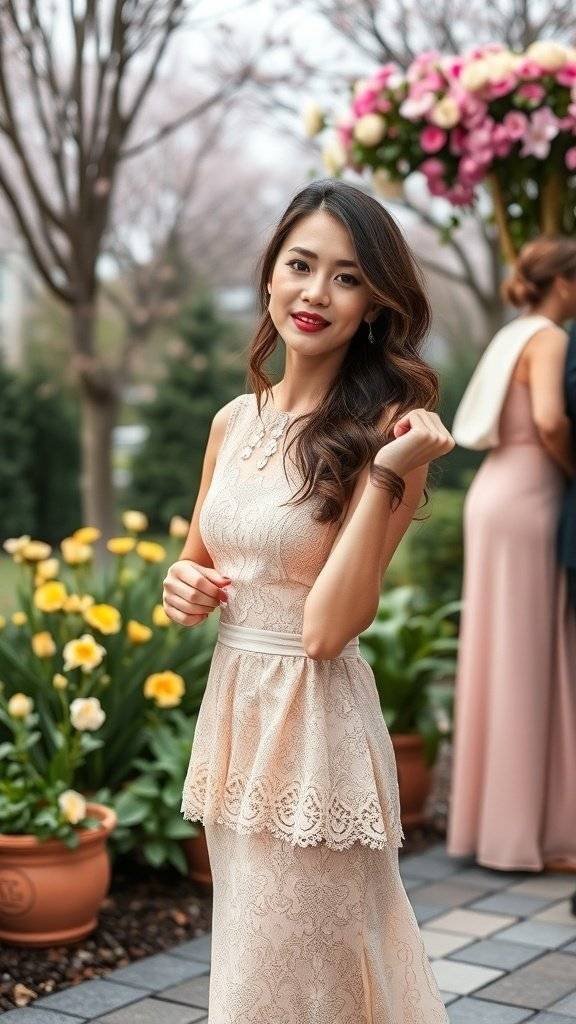 A display of pastel lace cocktails dresses in mint green, pink, and cream.