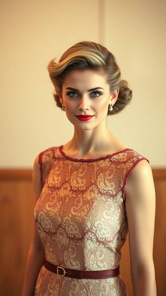 A woman wearing a lace cocktail dress with retro hair and makeup styles.