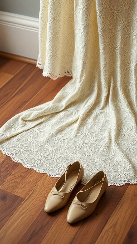 A pair of beige pointed-toe flats placed next to a lace cocktail dress on a wooden floor.