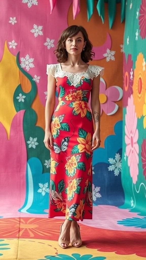 A model wearing a vibrant red floral lace cocktails dress against a colorful backdrop.