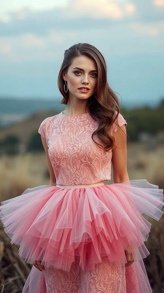 A lace cocktail dress with a tulle overlay, showcasing a vintage-inspired design.