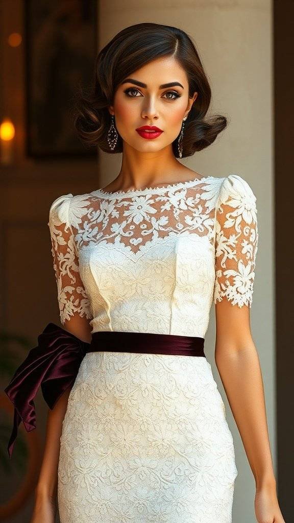 A lace cocktail dress displayed on a mannequin, with a brown jacket and satin fabric in the background.