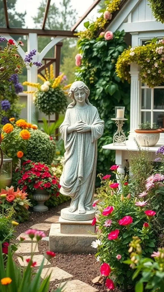 A serene garden scene featuring a statue surrounded by colorful flowers and a cozy garden setting.