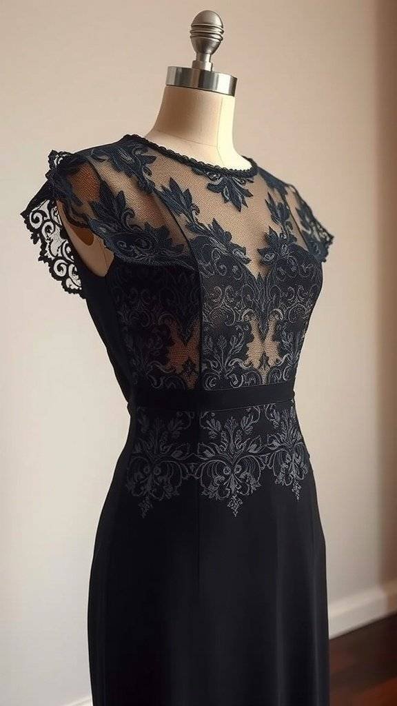 A black lace cocktail dress with intricate lace overlay and a fitted silhouette.