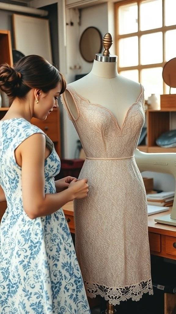 A designer adjusting a lace cocktail dress on a mannequin in a workshop.