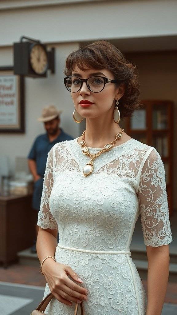 A woman wearing a vintage lace cocktail dress with glasses and accessories, standing in an urban setting.