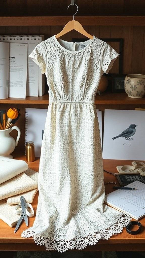 A lace cocktail dress hanging on a wooden hanger, surrounded by sewing supplies on a desk.