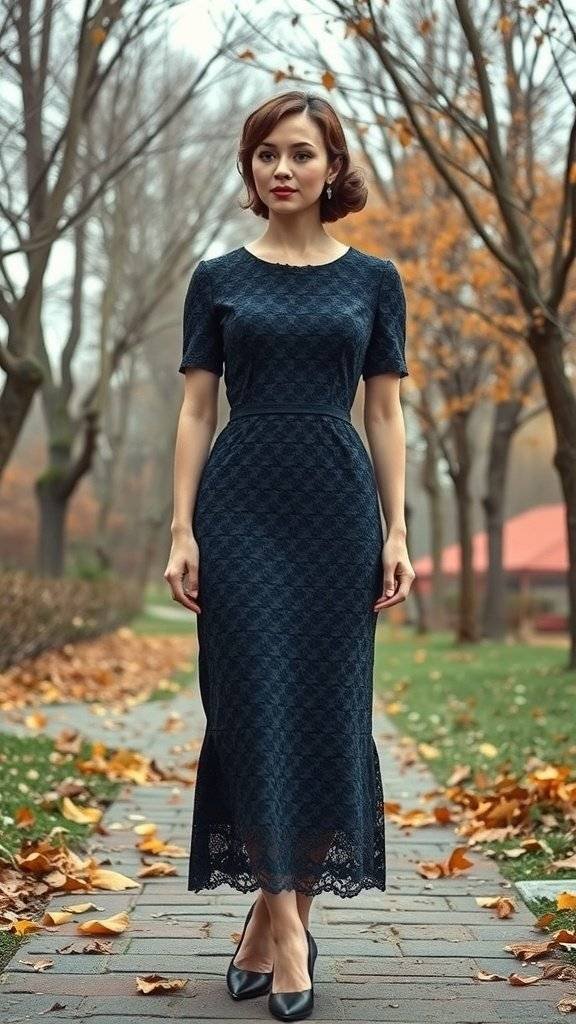 A woman wearing a 1960s inspired lace cocktail dress, standing in a park with autumn leaves.
