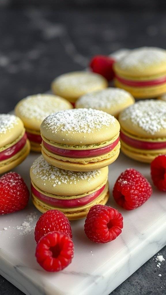 Pistachio macarons with raspberry filling and fresh raspberries