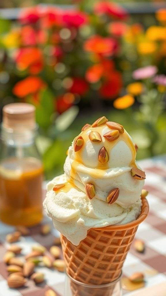 A delicious cone of creamy pistachio ice cream topped with honey and pistachio pieces, set against a colorful floral background.