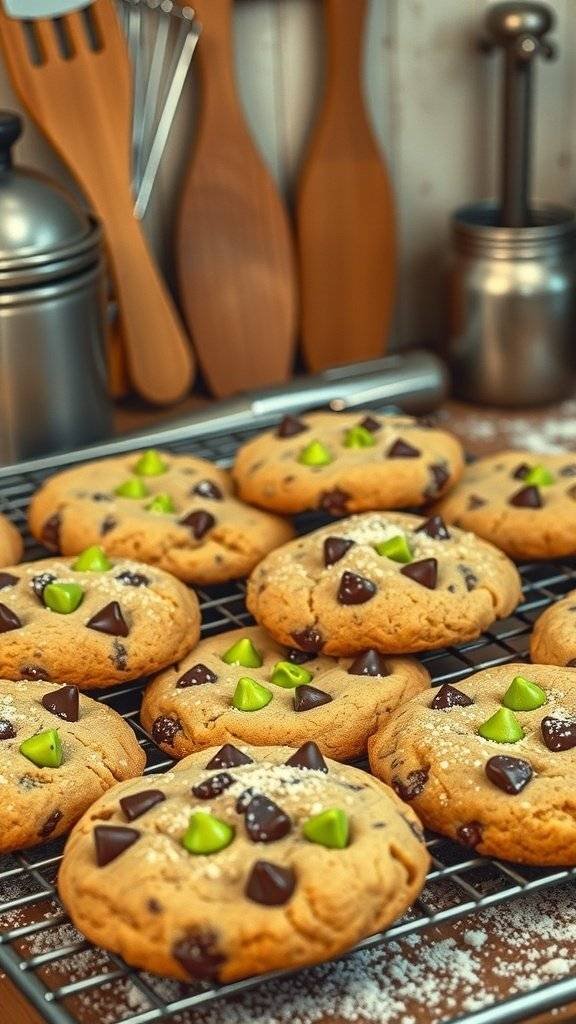 Pistachio infused chocolate chip cookies on a cooling rack, featuring chocolate chips and green pistachios.