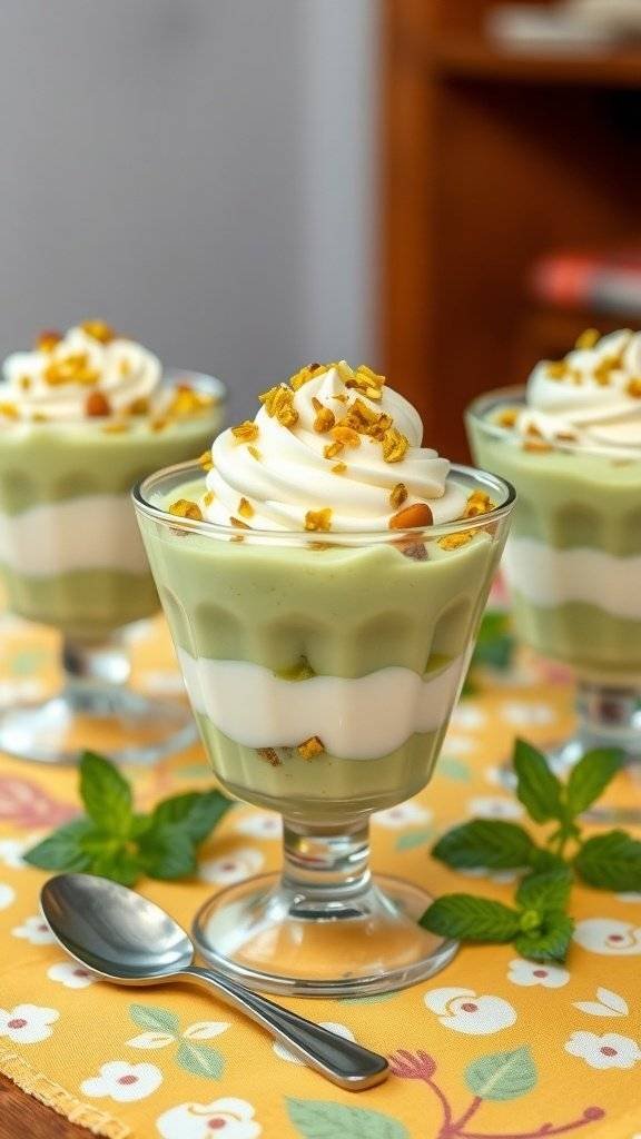 Elegant pistachio pudding parfaits in clear glasses topped with whipped cream and crushed pistachios.