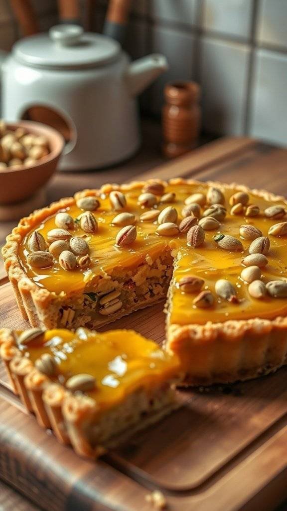 Savory Pistachio and Honey Tart with a slice removed, garnished with whole pistachios.