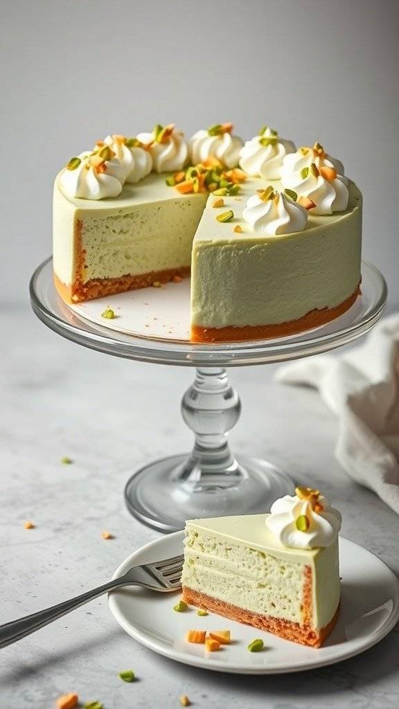 A slice of pistachio cheesecake with a graham cracker crust, garnished with whipped cream and chopped pistachios.