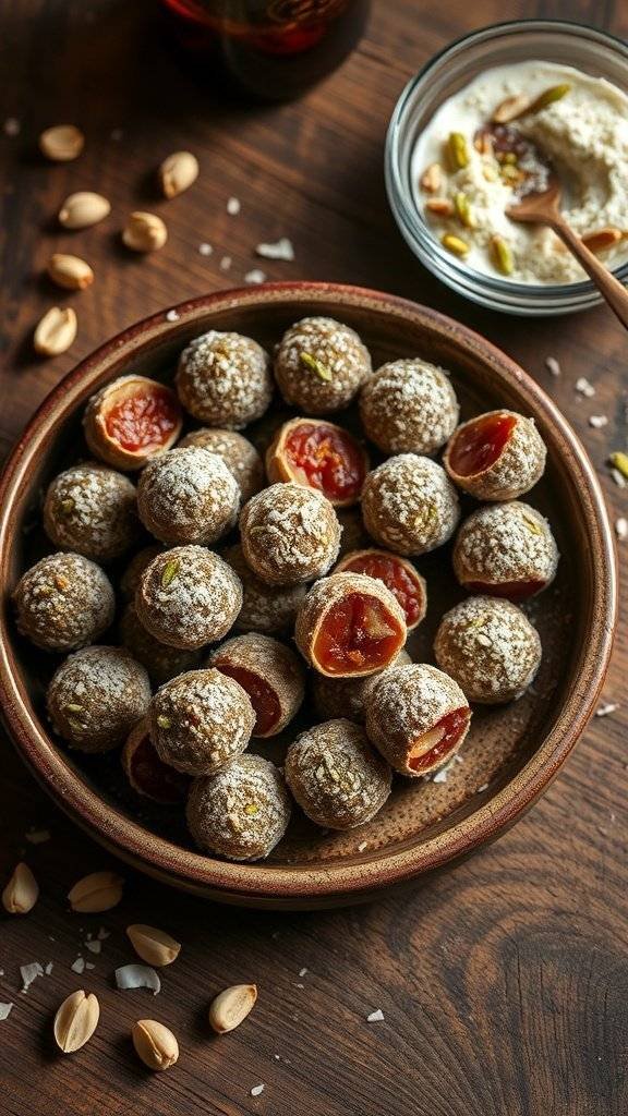 A bowl of pistachio and date energy bites, showcasing a mix of textures and colors.