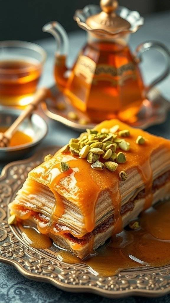 A plate of pistachio-stuffed baklava drizzled with honey syrup, garnished with crushed pistachios, alongside a pot of tea.