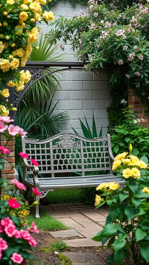 A cozy garden nook with a bench surrounded by colorful flowers.