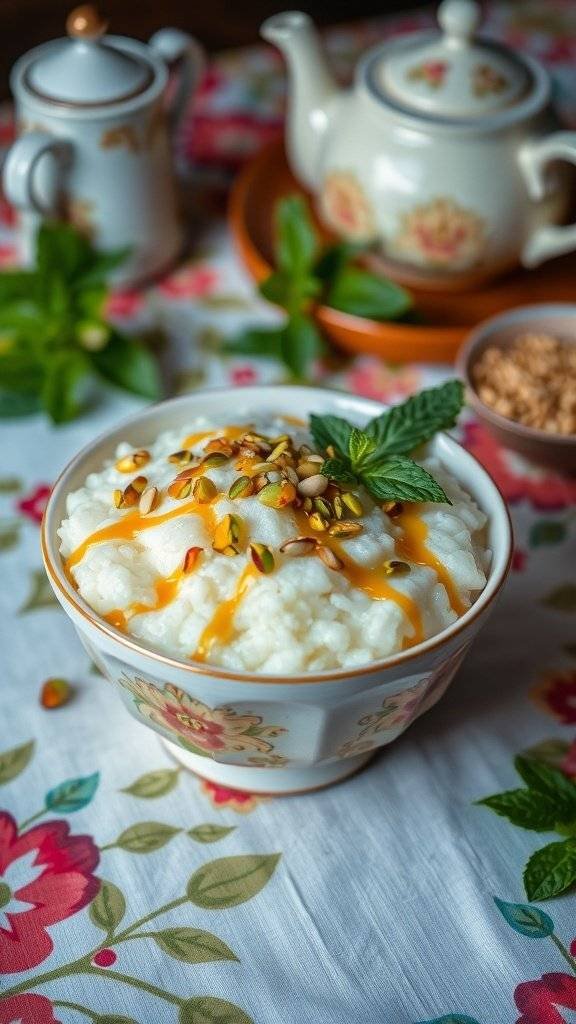 A bowl of pistachio and orange blossom rice pudding topped with syrup and nuts, set on a floral tablecloth.