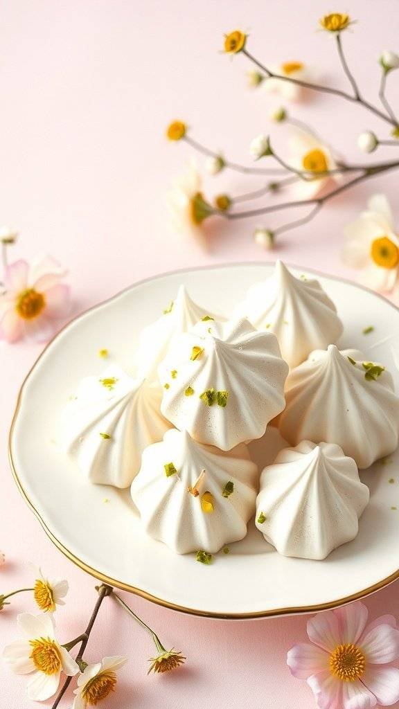 A plate of pistachio and coconut meringue cookies topped with crushed pistachios.