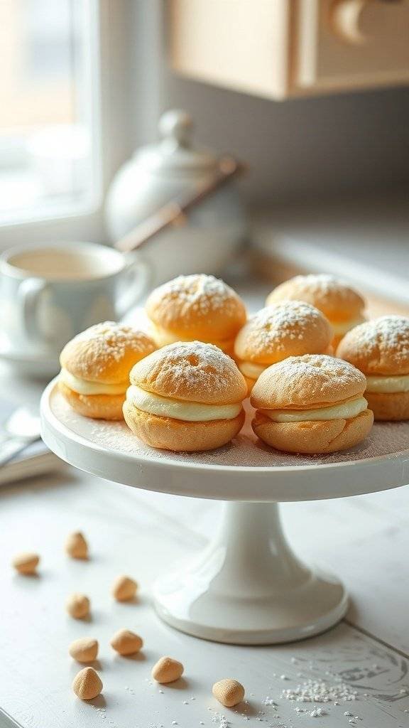 Pistachio cream filled profiteroles on a cake stand with powdered sugar