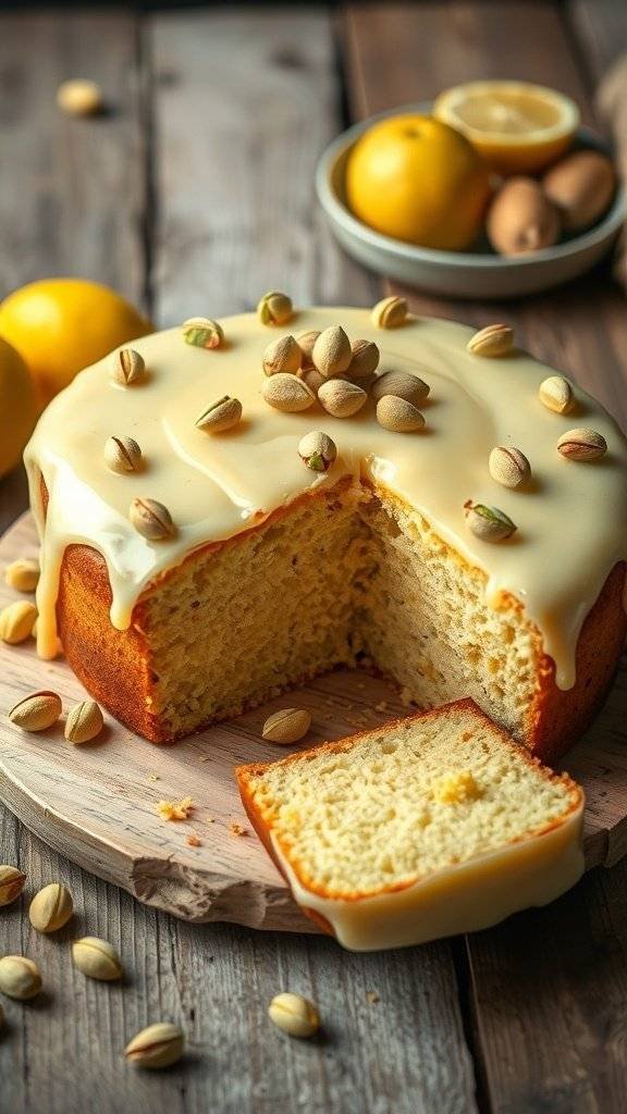A delicious pistachio and lemon drizzle cake topped with a smooth glaze and garnished with pistachios.