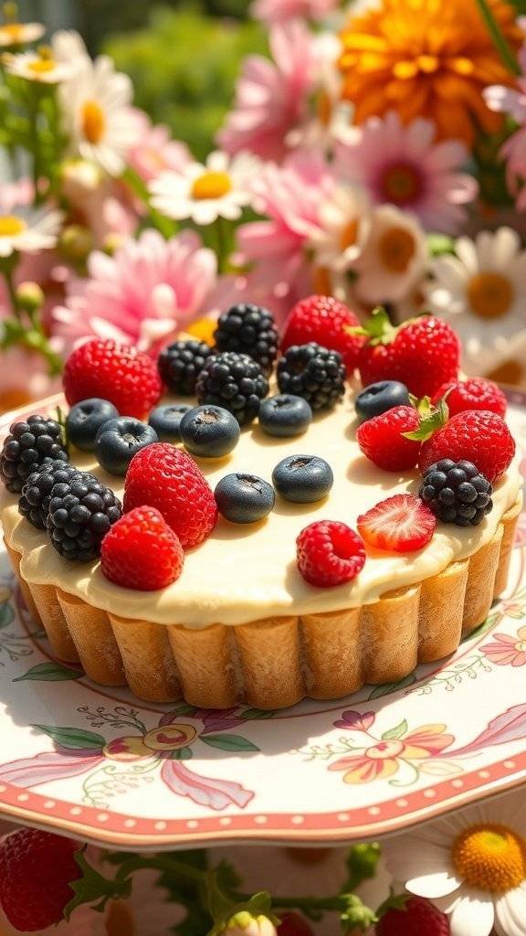 A colorful fruity pistachio and berry tart topped with assorted berries on a floral plate.