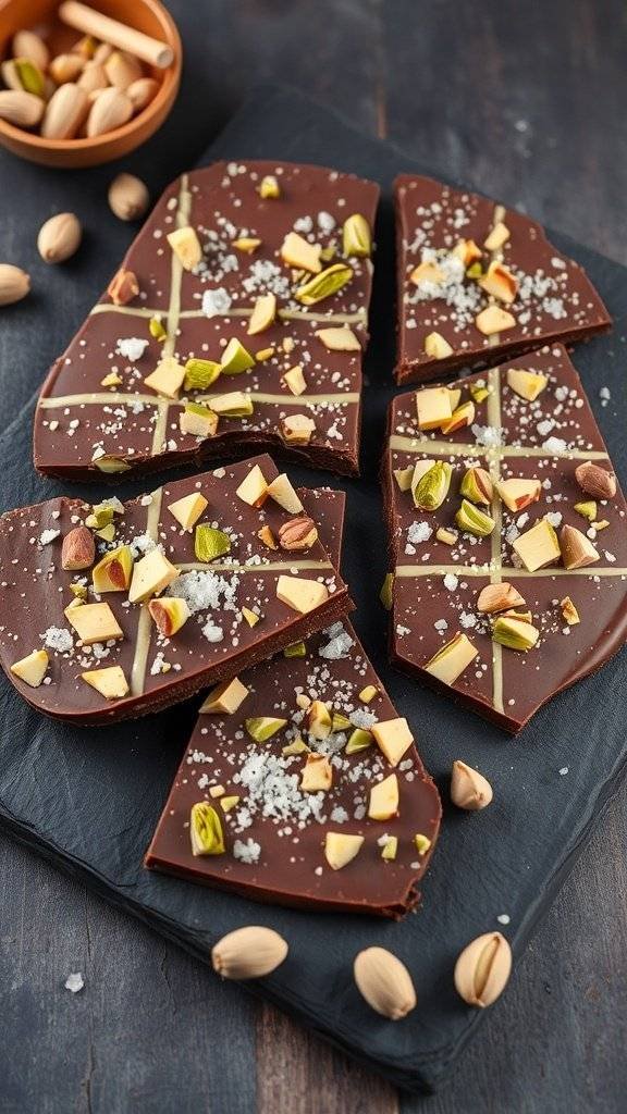 Pistachio Chocolate Bark with Sea Salt on a slate board, topped with chopped pistachios and sea salt.