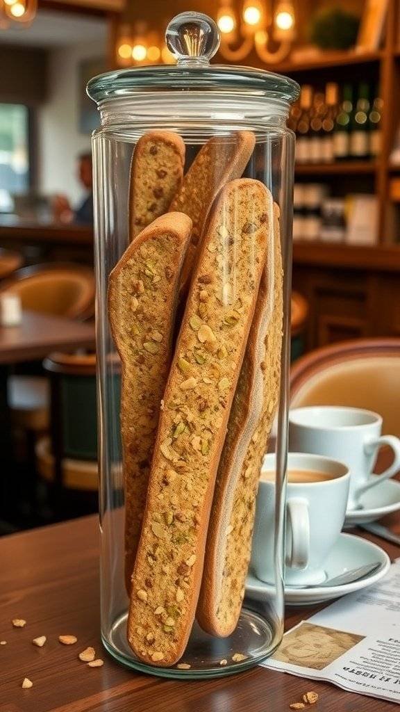 Pistachio and almond biscotti in a glass jar with a cozy background