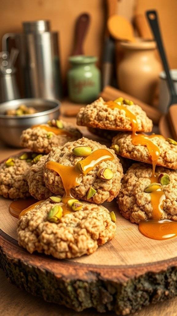 Pistachio and maple oatmeal cookies on a wooden platter, drizzled with maple syrup.